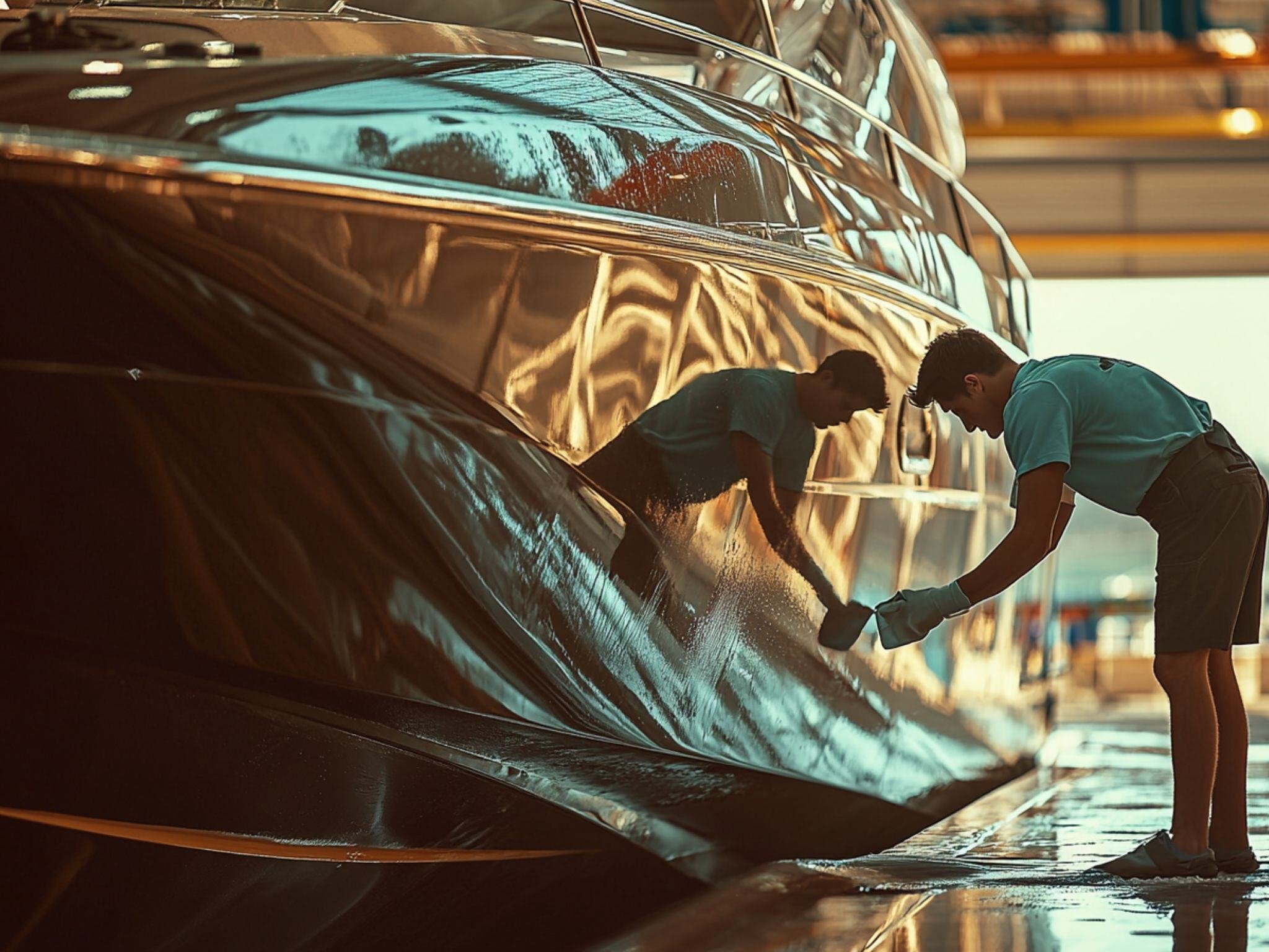 Technician performing mobile boat detailing in Lake Simcoe, polishing the exterior of a yacht to a mirror-like finish.