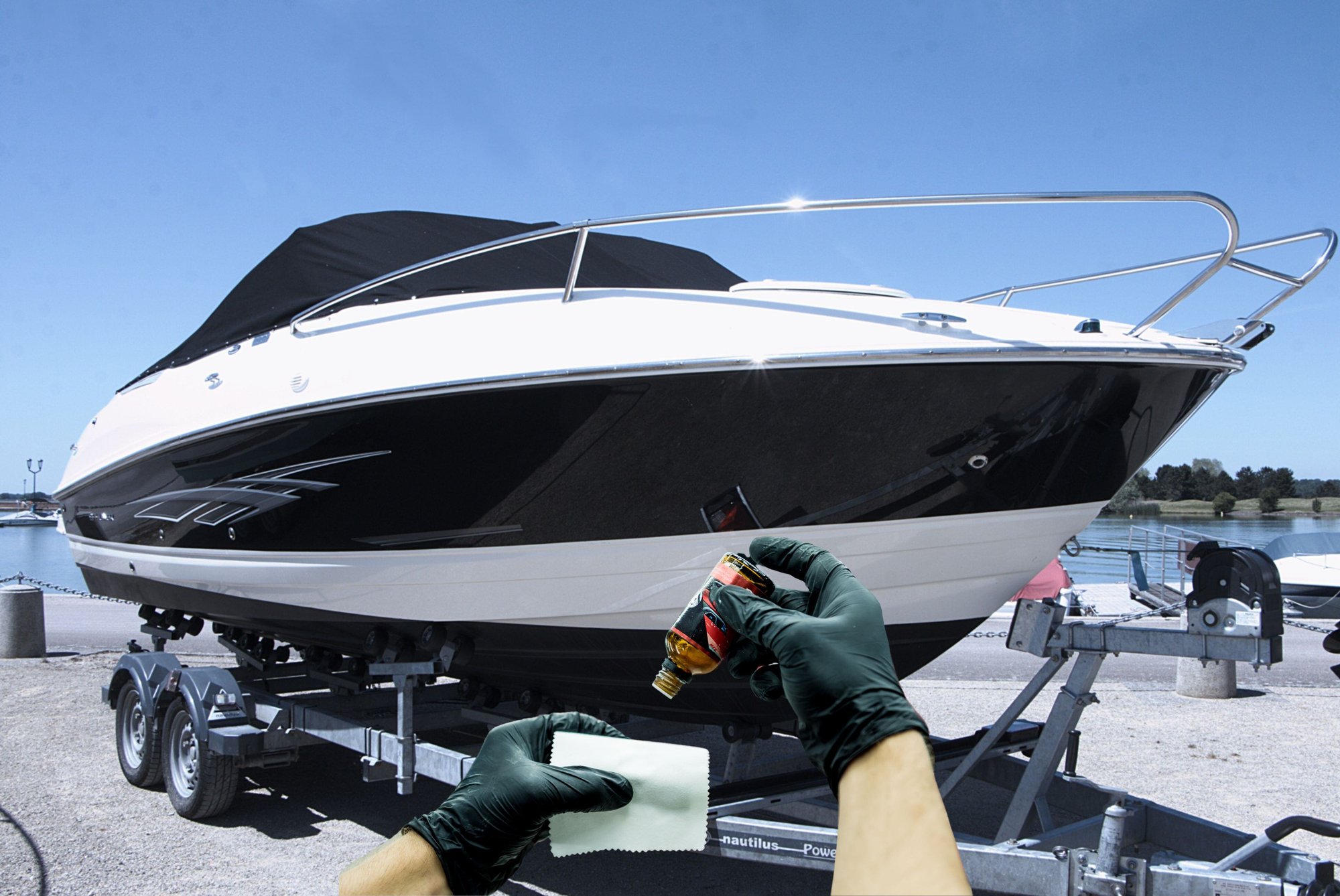 Boat hull being prepared with a ceramic coating application, providing long-lasting protection and a high-gloss finish for enhanced durability.