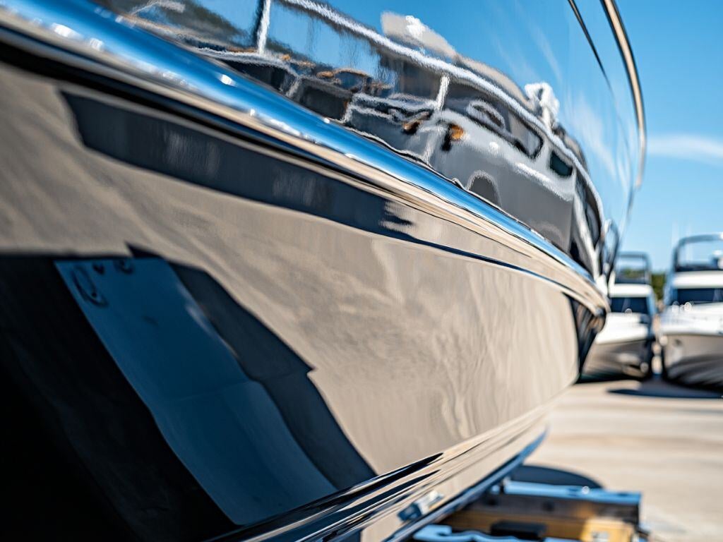 Side view of the hull of a boat after being treated with ceramic coating.