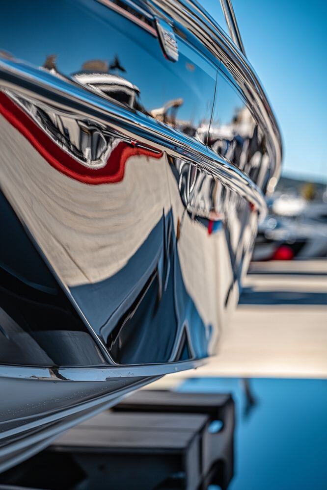 Close-up of a boat the shine produced by a graphene coating application by A1 Marine Care.