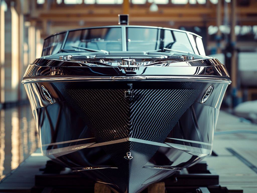 Front view of a sleek boat with a mirror-like shine after a graphene coating application.