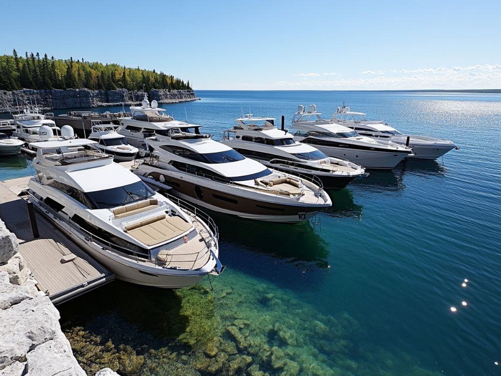 View of luxury boats docked in clear waters at a marina in Georgian Bay