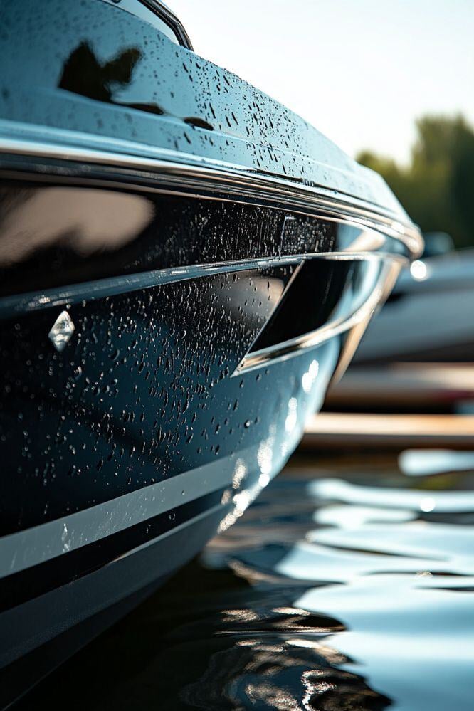 Close-up of a freshly waxed boat hull with water droplets, showcasing the glossy finish after professional boat cleaning and boat waxing service by A1 Marine Care.