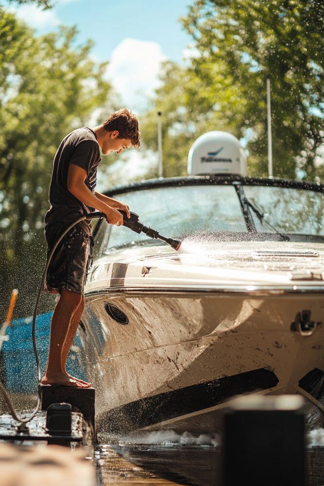 Professional boat washing using a pressure washer to clean the exterior of a boat, part of A1 Marine Care's boat cleaning and boat waxing service.