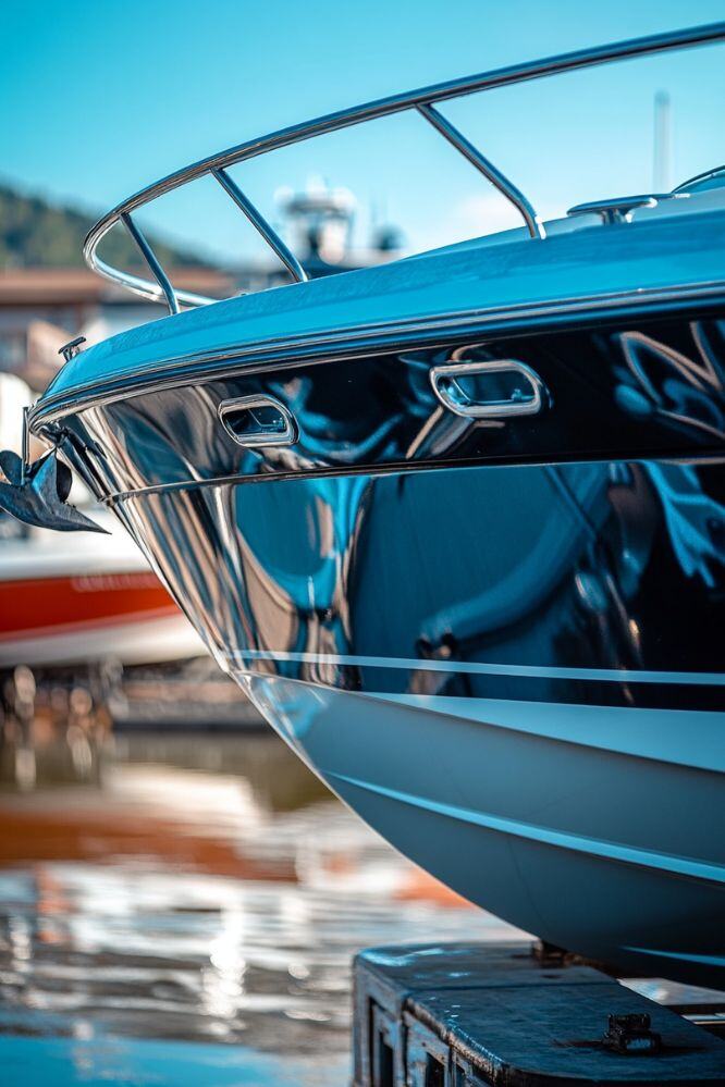 Close-up of a boat’s freshly waxed hull, showcasing a glossy finish after professional boat waxing service by A1 Marine Care.