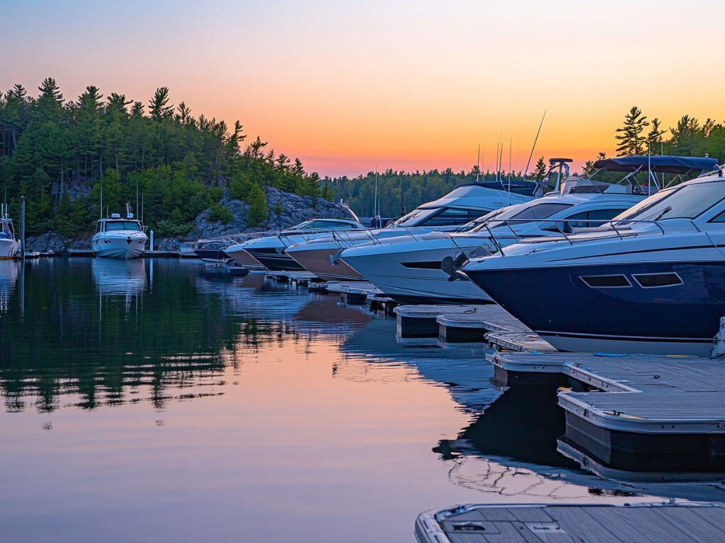 Boats docked at a marina in Georgian Bay at sunset, highlighting A1 Marine Care's boat detailing services in Georgian Bay, Lake Simcoe, and Muskoka.