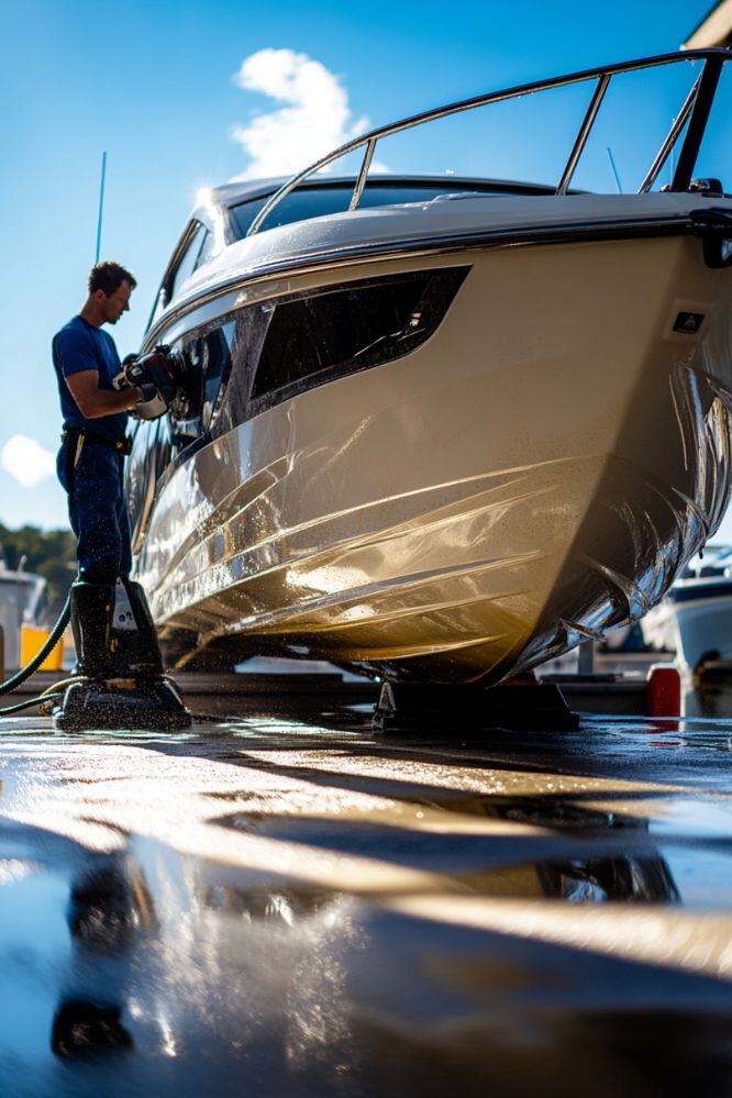 Technician performing boat compounding to remove oxidation and surface imperfections as part of A1 Marine Care's gelcoat restoration service.