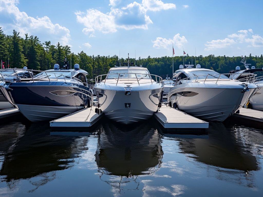 Boats docked at a marina in Muskoka, showcasing a service area for A1 Marine Care's mobile boat detailing and gelcoat restoration services.