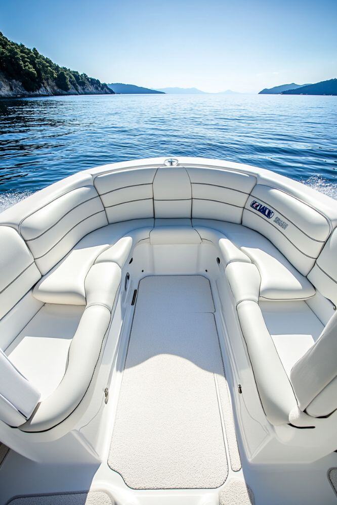 Clean and detailed interior of a luxury boat with white leather seating, overlooking calm waters in Georgian Bay.