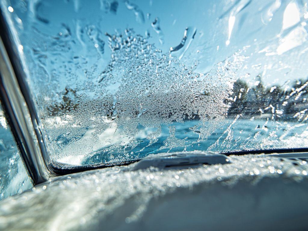 Boat window covered in water droplets during professional interior window cleaning service on the water in Lake Simcoe.