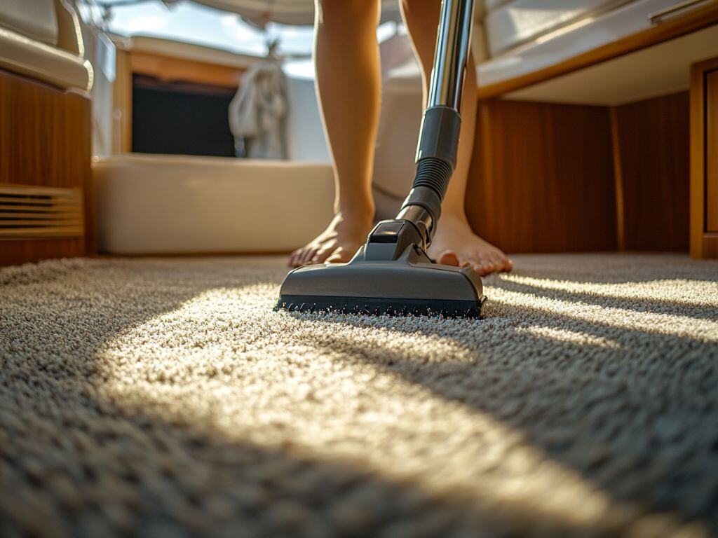 Boat interior vacuuming during professional detailing service, focusing on deep carpet cleaning for a clean and comfortable cabin environment.