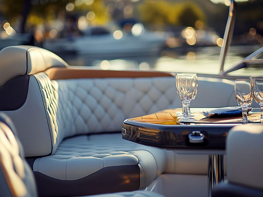 Luxury boat interior featuring conditioned vinyl seating and a polished table setup, part of A1 Marine Care’s professional vinyl conditioning service in Georgian Bay.