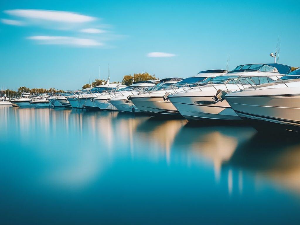 Boats docked at a marina in Lake Simcoe on a calm day, highlighting A1 Marine Care's mobile detailing services.