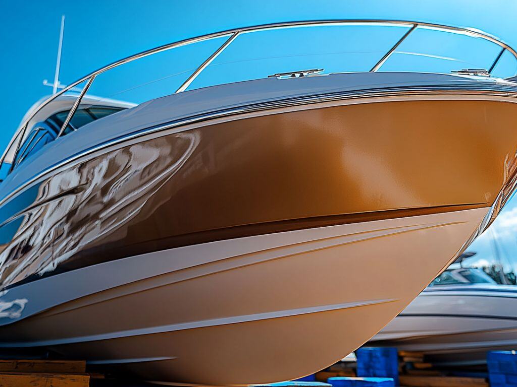 Close-up view of a boat's hull with a shiny finish after a professional clean and wax service.