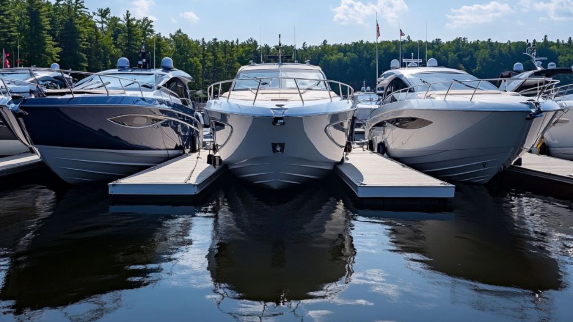 Luxury boats docked at a marina in the service area
